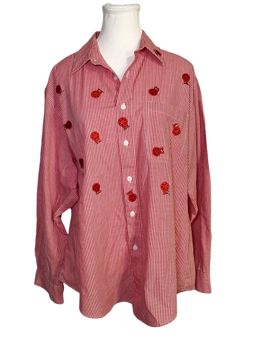 Mili Designs Red Gingham Ladybug Embroidered Button-Down Shirt Cottagecore Retro